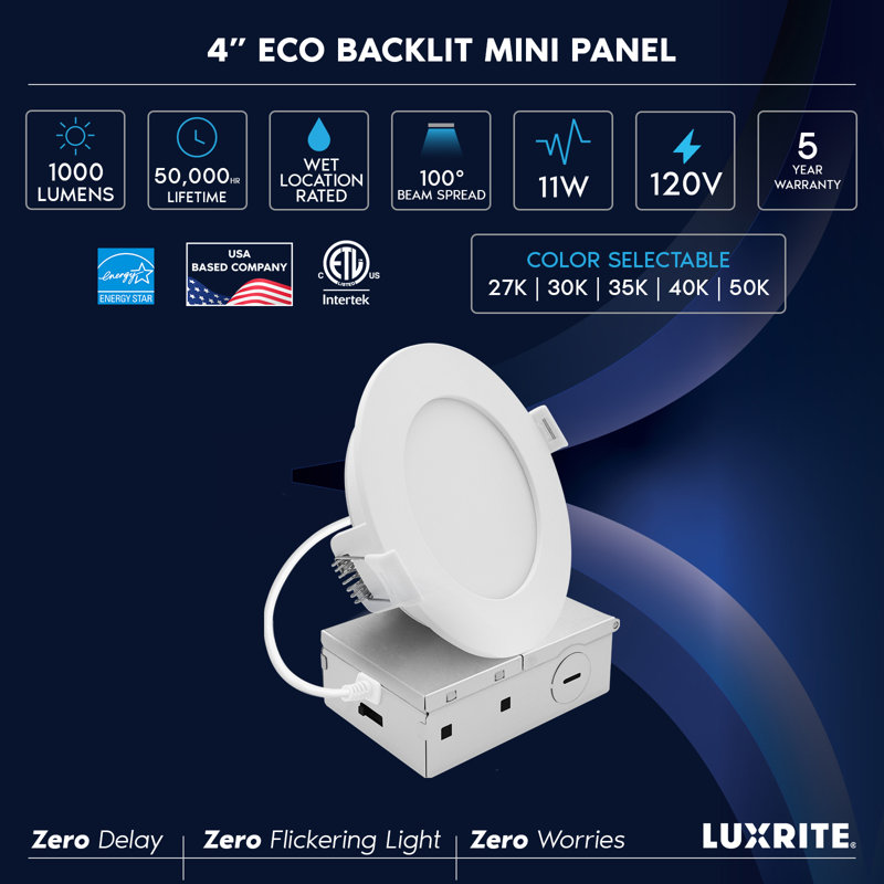 Luxrite 4 po Éclairage encastré à DEL, mini projecteur rétroéclairé ECO, 5CCT 2700K-5000K, 1000LM, 11W, faisceau à intensité variable à 100 °, triac 10% à 100% certifié ETL