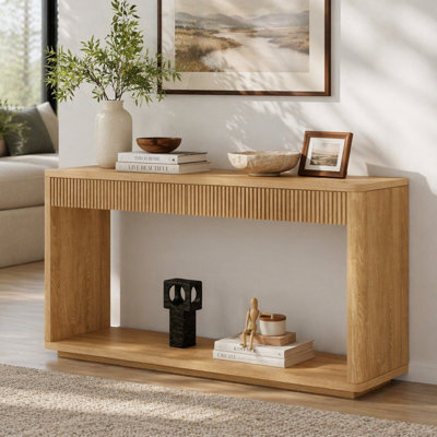 60" Modern 2-Drawer Fluted Console Table Natural Wood Veneer Sofa Table Behind Couch Table