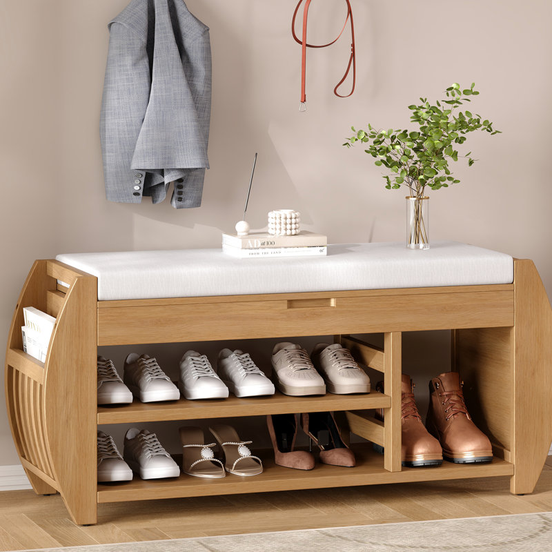 Banc rétro avec finition naturelle - Confortable et élégant et bois d'hévéa pour divers espaces de vie dans le rangement de décoration intérieure Conception moderne pour utilisation avec siège rembourré caché