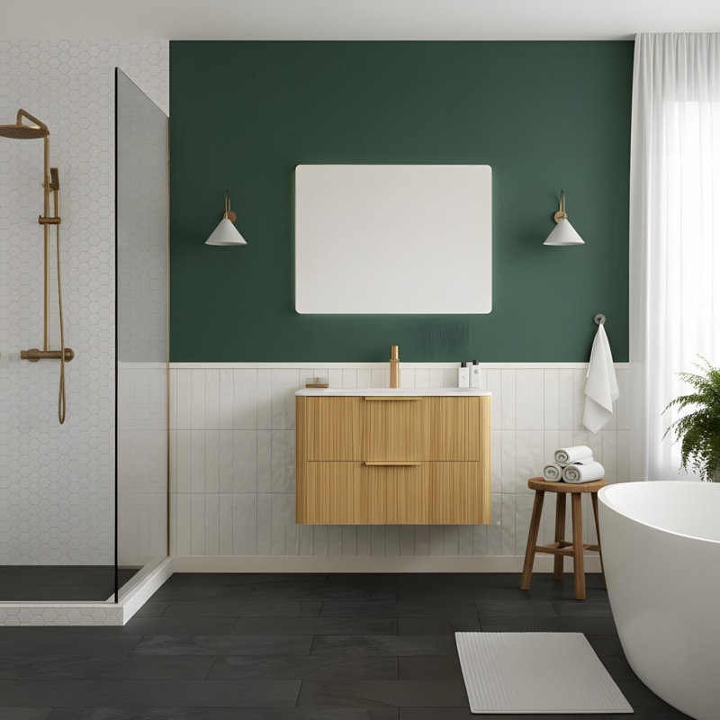 Meuble-lavabo de salle de bain avec lavabo, armoire de rangement flottante en contreplaqué avec tiroirs, 30", Chêne clair