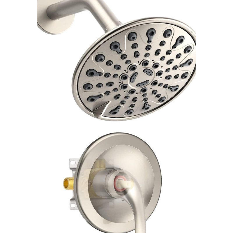 Robinet de douche mural à une poignée à 6 fonctions avec valve brute intégrée, joint réglable sur 360 °, trous de pulvérisation, réglage de la température du levier, finition en plastique nickel brossé