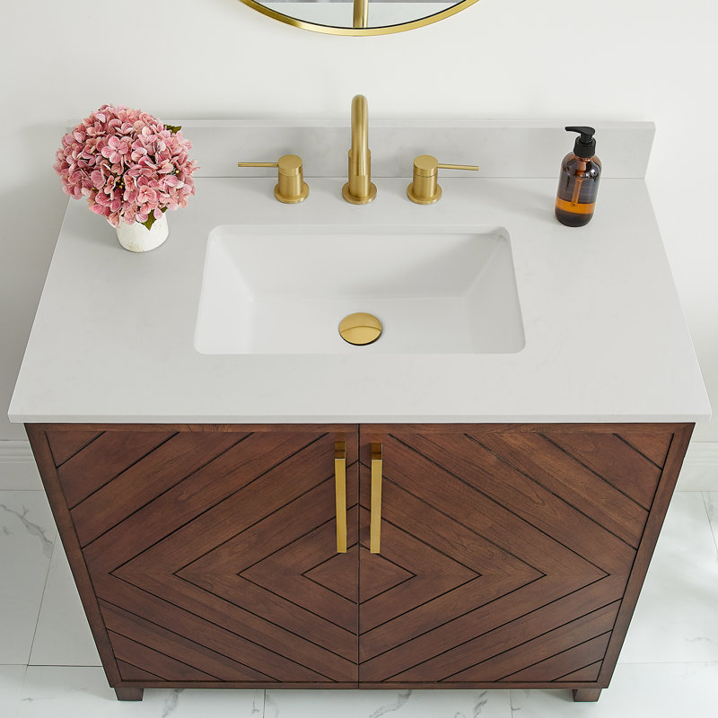 Meuble-lavabo simple 36 po avec plateau en pierre reconstituée Keiera, Brun moyen
