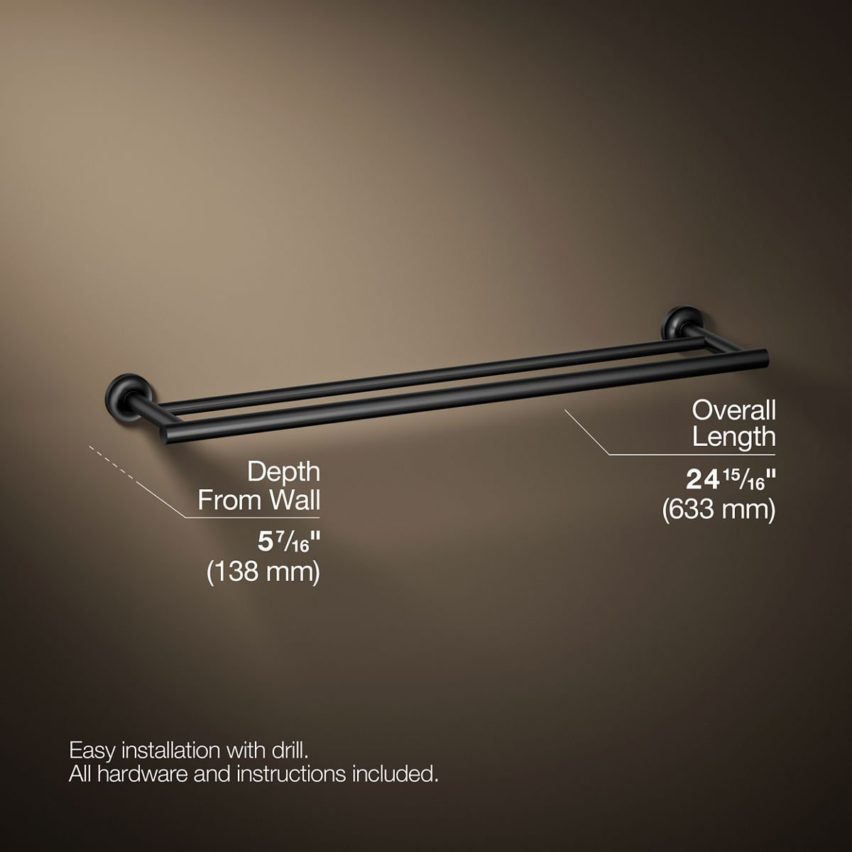Purist 25" Double Wall Mounted Towel Bar, Matte Black