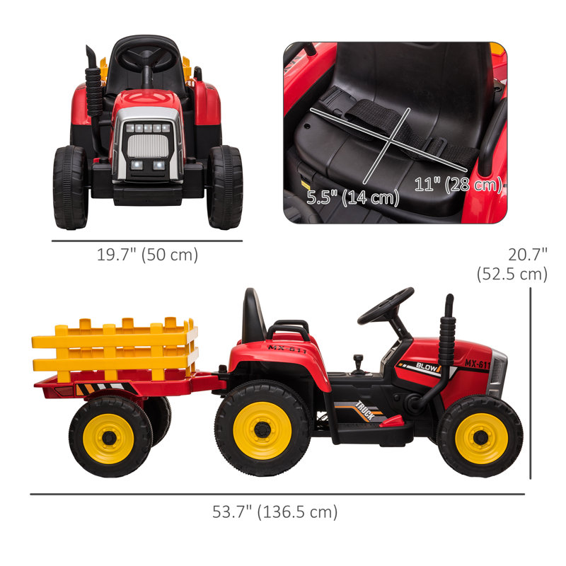 Red 12-Volt Ride-On Tractor with Trailer and LED Lights