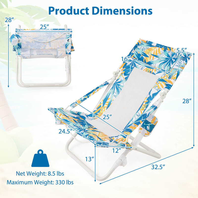 Folding Low Beach Chair, Set of 2 with Padded Head Pillow, Mesh Back, Cup Holder Blue, Blue/White/Yellow Floral
