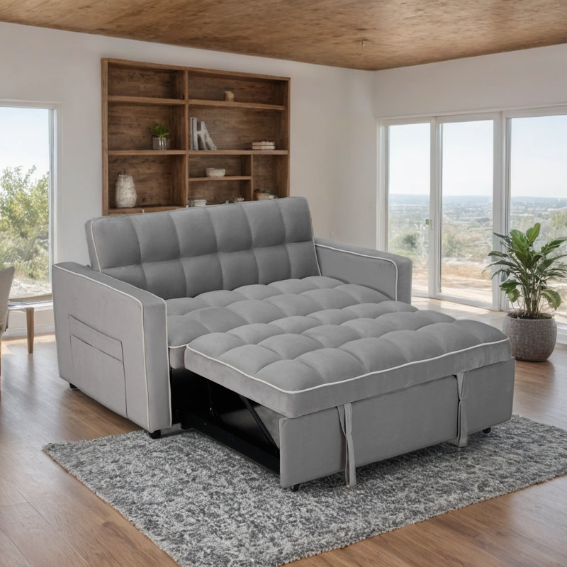 Canapé-lit en microsuède de 53,1 po avec dossier inclinable réglable et poche de rangement latérale, Mélange de lin gris