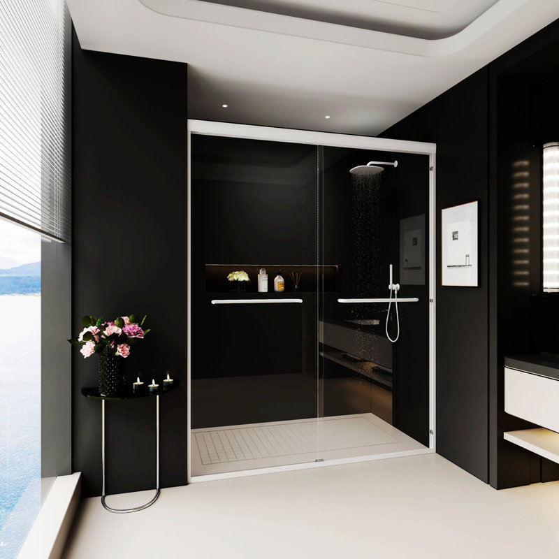 Double Sliding Shower Door, Semi-frameless Bypass Bathroom Sliding Door, White