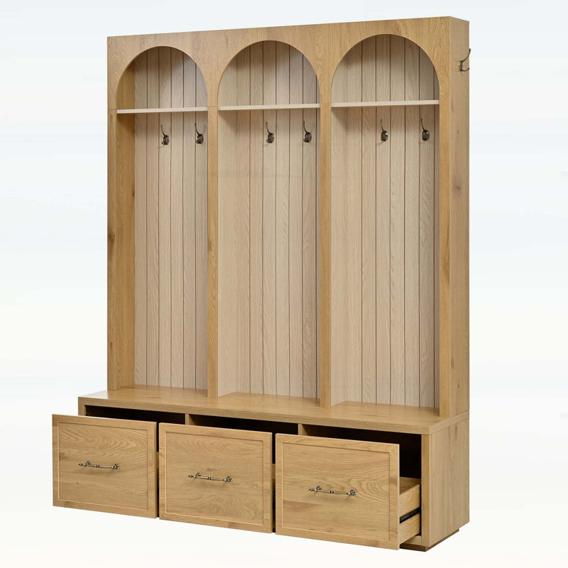 Arbre d'entrée en bois avec design arqué, banc d'entrée avec crochets, portemanteau rustique et range-chaussures avec tiroirs pour le salon