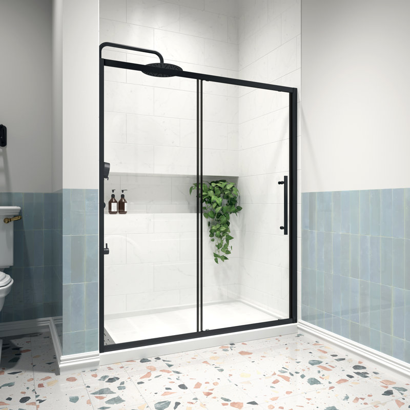 56 - 60" W x 72" H Single Sliding Semi-Frameless Shower Door with 1/4" (6mm) Clear Tempered Glass, Matte Black