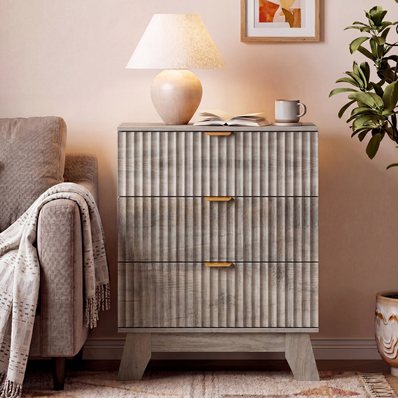 Fluted 3 -Drawers Dresser For Bedroom With Dresser Organizer, 23.6''W Wood Wide Chest of Drawers ,Nightstand, Gray