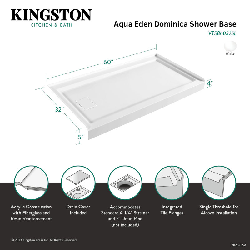 Kingston Brass Dominica 60-Inch x 32-Inch Acrylic Single Threshold Shower Base, Left