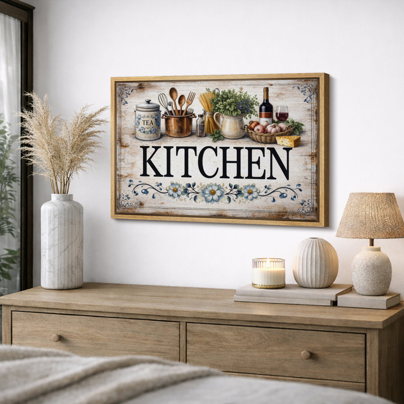 Kitchen Sign Artwork Vintage Kitchen Pictures Framed Canvas Giclee Print Wall Art, 24" H x 36" W x 1.5" D, Natural Frame