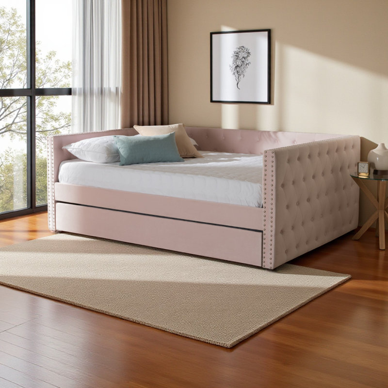 Vespera Full Size Modern Velvet Fabric Daybed in Pink, 32.4'' H X 82.29'' L X 57.02'' W, Pink