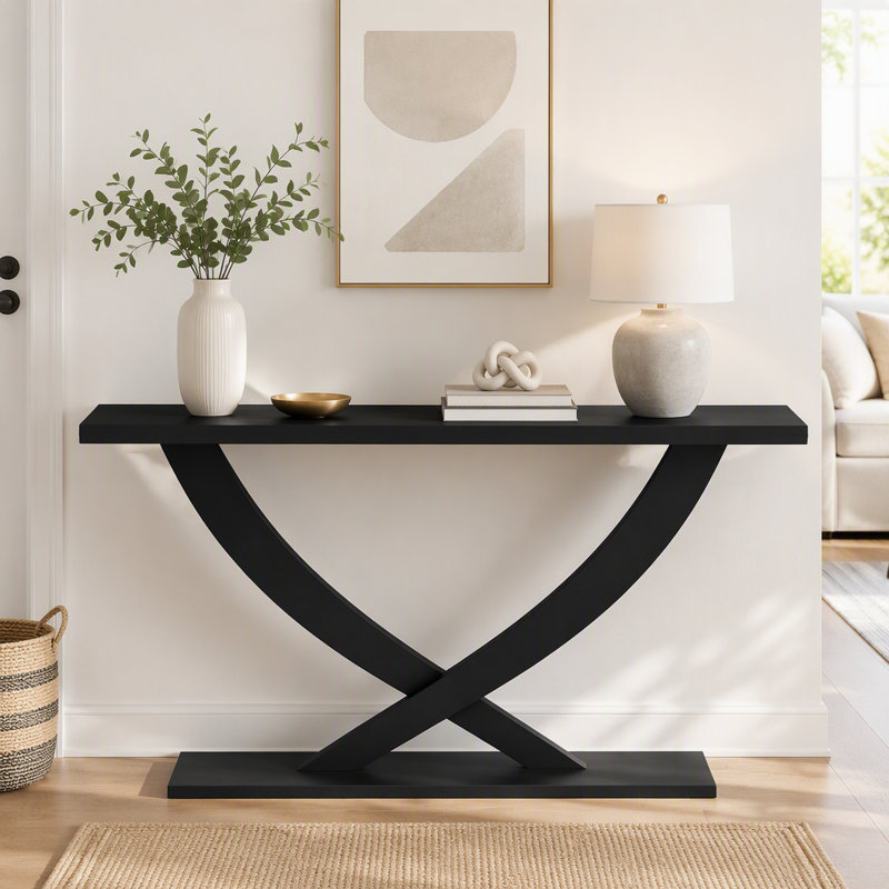 Console rustique moderne Mirod avec piètement croisé, construction robuste et grande surface, idéale pour le salon ou la chambre.