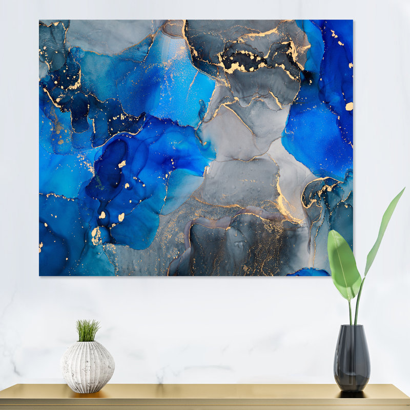 «Blue and Black Luxury Abstract Fluid Art», peinture sur toile, H 30 po x l 40 po x P 1,5 po, Toile tendue