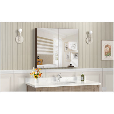 32x28 Inch Bathroom Medicine Cabinet with Mirror, Wall-Mounted Storage, Adjustable Shelves, Aluminum Framework, Surface Mount, Yellow and Coral