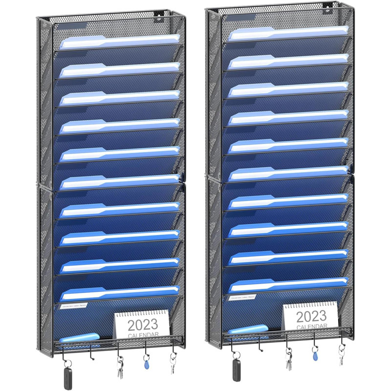Organisateur de dossiers mural suspendu à 2 niveaux 2Pack avec crochets, porte-classeur mural vertical, organisateur de courrier papier pour bureau