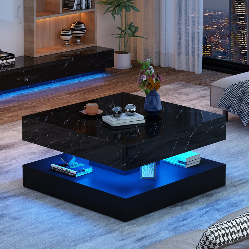 Table basse 33,9 "à DEL avec rangement, table de salon moderne ultrabrillante avec 2 tiroirs, grande table centrale carrée à double couche