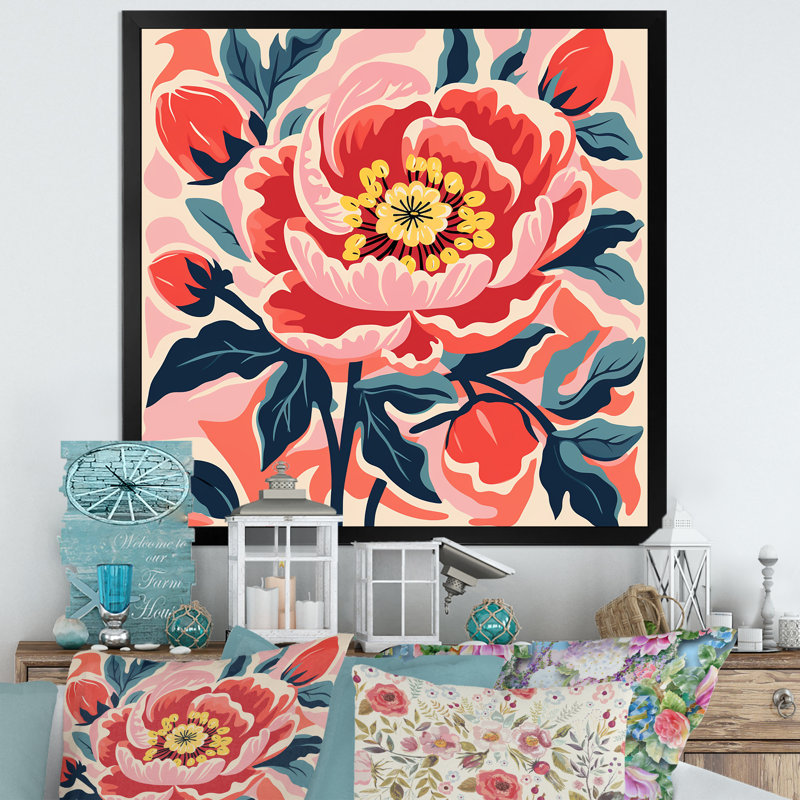 Pivoine rose et verte dans un style matisse - art mural pivoine, Cadre flottant noir, H 36 po x l 36 po x P 1,5 po