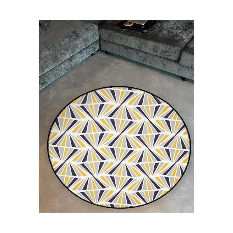 Yellow Gray Theme Geometric Patterned Round Woven Base Modern Decorative Carpet, Round 5'
