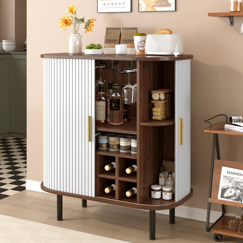 Fluted Wine Bar Cabinet with 8-Grid Wine Rack, White