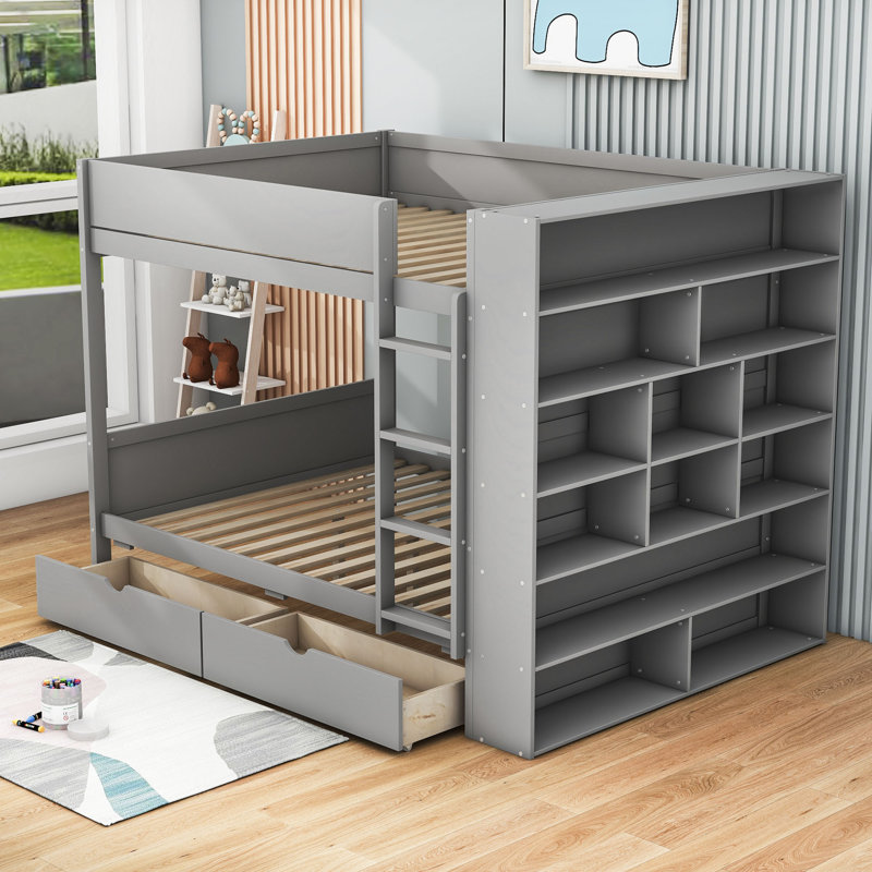 Lit superposé en bois 2 tiroirs avec armoire et lattes Jarif, Double sur double, gris