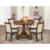 5 Piece Dining Room Furniture Set Contains a Round Dining Table and 4 Parson Chairs, Antique Walnut