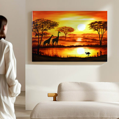 Safari au coucher du soleil avec girafes, tableau impressionniste à l'huile sur toile, 61 x 91 cm, monté sur châssis, décoration murale animalière orange et rose pour salon, chambre et bureau.
