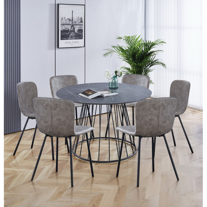 Mose Large Round Table (1.2M) With 6 Light Grey Leather Effect Chairs