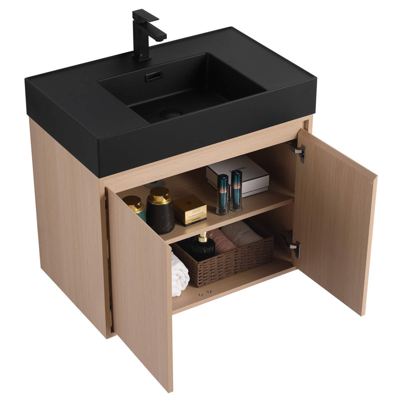 Meuble-lavabo mural 30 po avec lavabo blanc en chêne blanc, Beige, Matte Black