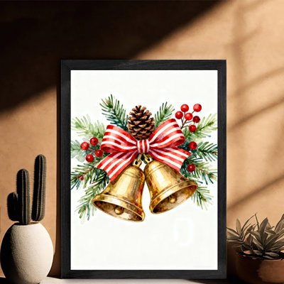 Black Framed Vintage Christmas pine and cypress copper bell Wall Art Retro Style Framed Prints
