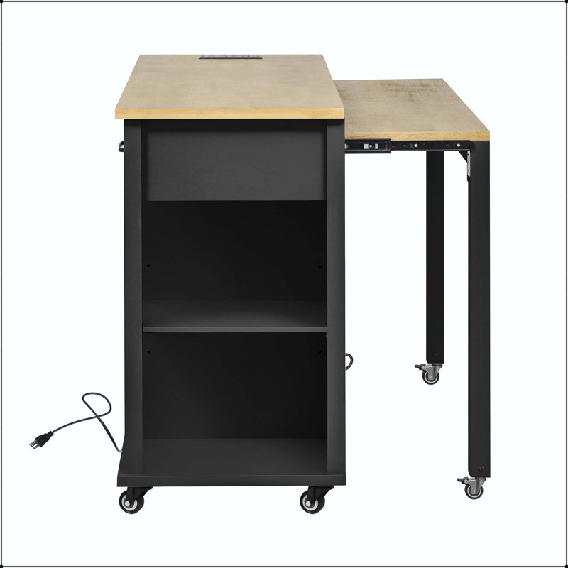47" Kitchen Island with Extendable Dining Table, Internal Racks, and Power Outlet – Black, Black
