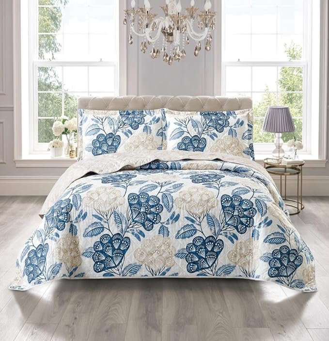 Andrena Microfiber Polyester Bedspread with Pillow Shams Included, Single Bedspread + 1 Standard Pillow Sham, Floral, Blue