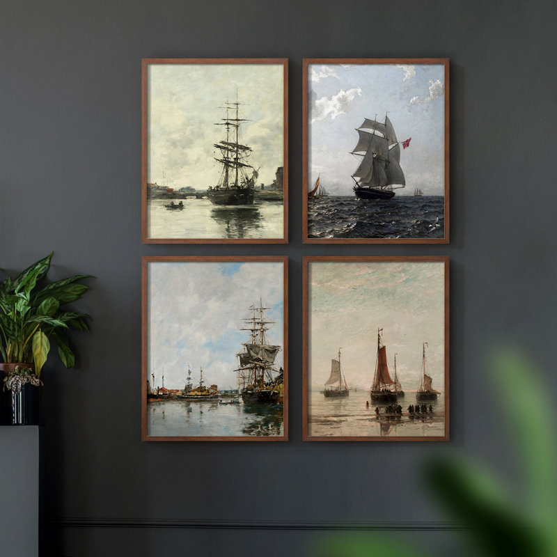 «Vintage Nautical XXXVI», 4 pièces sur papier, H 14 po x l 44 po, Cadre noir