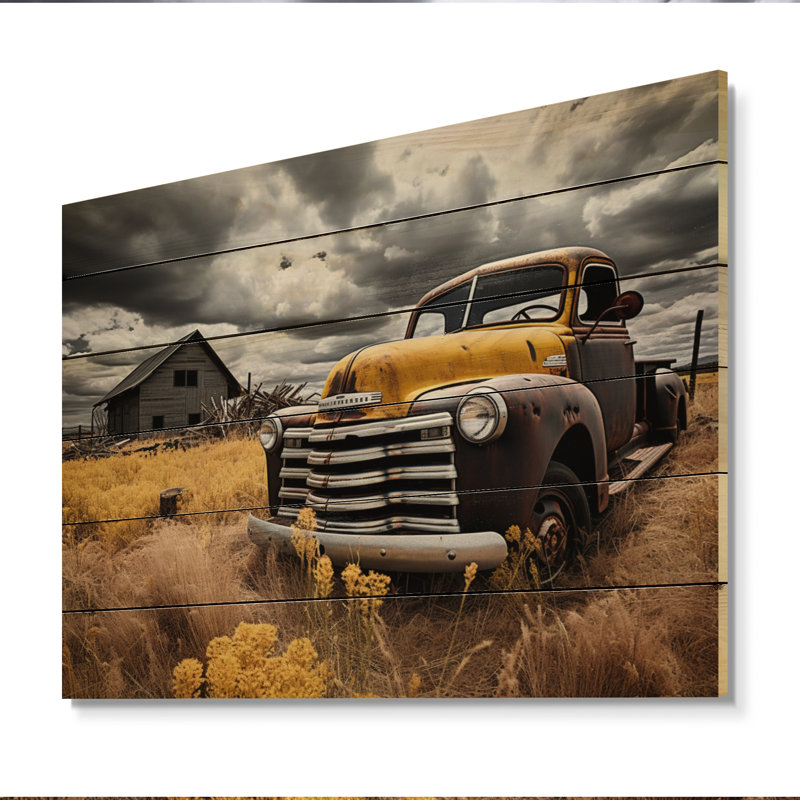 Camionnette jaune, voyage rustique I sur bois, H 24 po x l 32 po x P 0,78 po