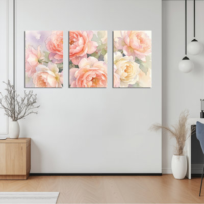 Ensemble de 3 tableaux muraux aquarelle de pivoines sur toile tendue, pour la décoration du salon et de la chambre.