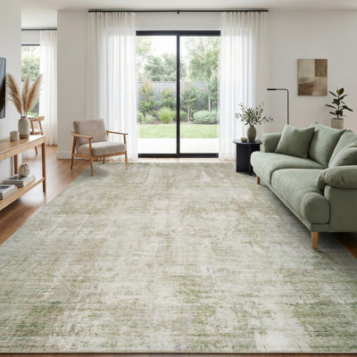 Distressed Modern Abstract Machine Washable Area Rug in Sage Green for Living Room or Bedroom