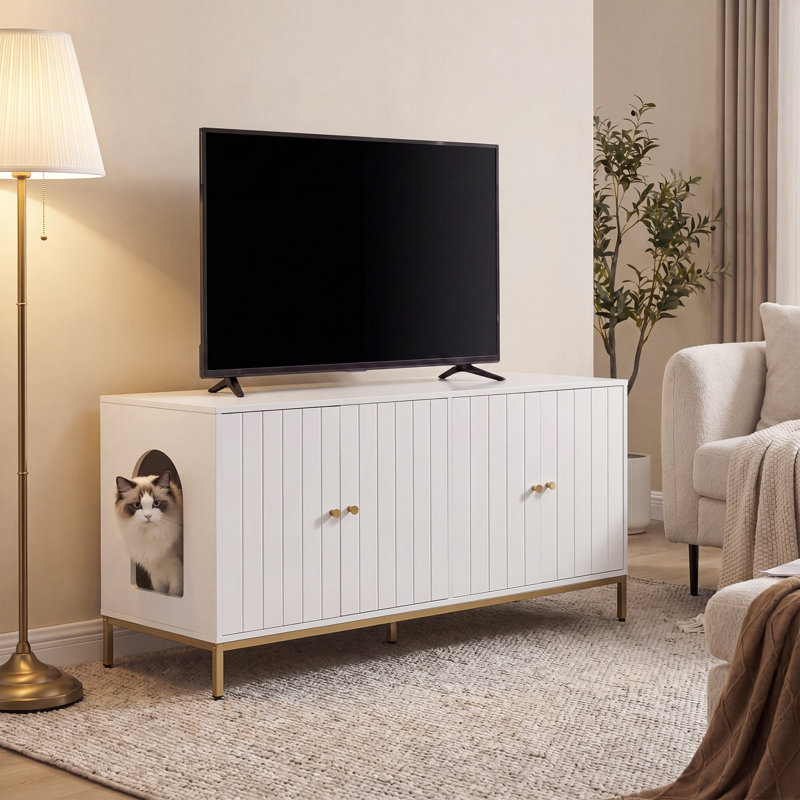 Double Litter Box Enclosure, Hidden Cat House with Scratching Mat, Modern Side Table, Tall Leg