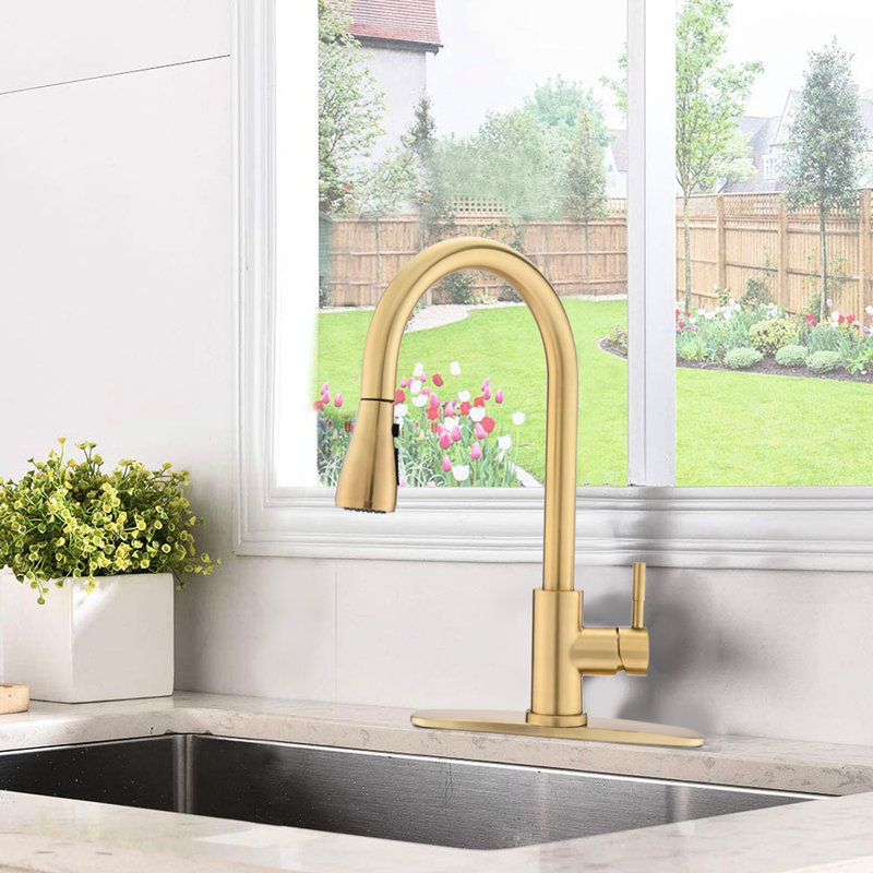 Pull Down Kitchen Faucet, Stainless Steel In Brushed Gold, Finish, 20'' Hose, 1.8Gpm Flow, 360 Swivel Gold Faucet With , To Scratches & Rust, Swivel, Max Flow