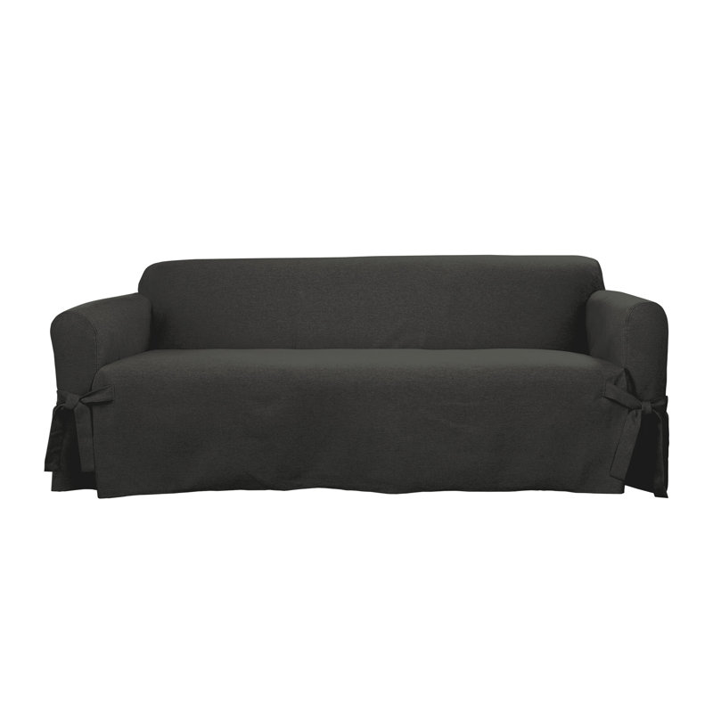 Charcoal Faux Linen Farmhouse Basketweave Sofa Slipcover