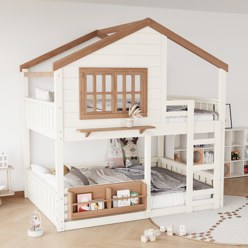 Full Size House Bunk Bed with Bookshelf, Loft Design, Cabin-Style Frame with Windows, Safety Rails for Kids Room,Beige & Natural