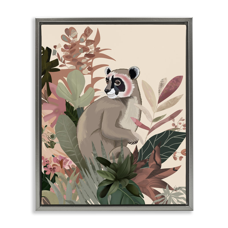 «Lemur & Tropical Plants» par Fab Funky, Cadre flottant gris lustré, H 21 po x l 17 po