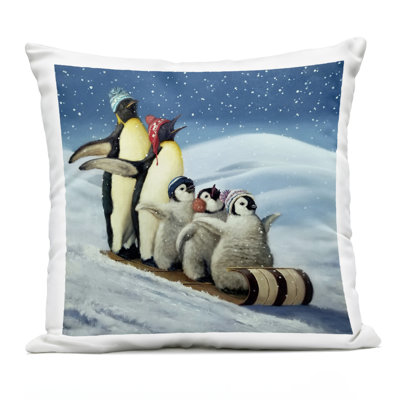 Sleigh Ride Snowy Penguins Outdoor Printed Pillow design by Lucia Heffernan