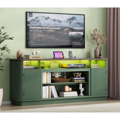 Meuble télé 70 po pour téléviseur de 80 po ou moins, meuble audio-vidéo avec éclairage à DEL et prise de courant, armoire rétro à double porte pour le salon, la chambre à coucher