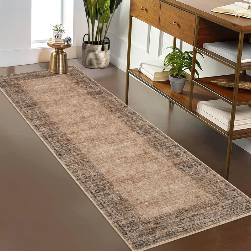 2x6 Washable Vintage Border Runner Rug Non-Slip Low Pile Stain-Resistant Boho Throw Carpet for Kitchen Hallway Living Room Bedroom Taupe/Brown.