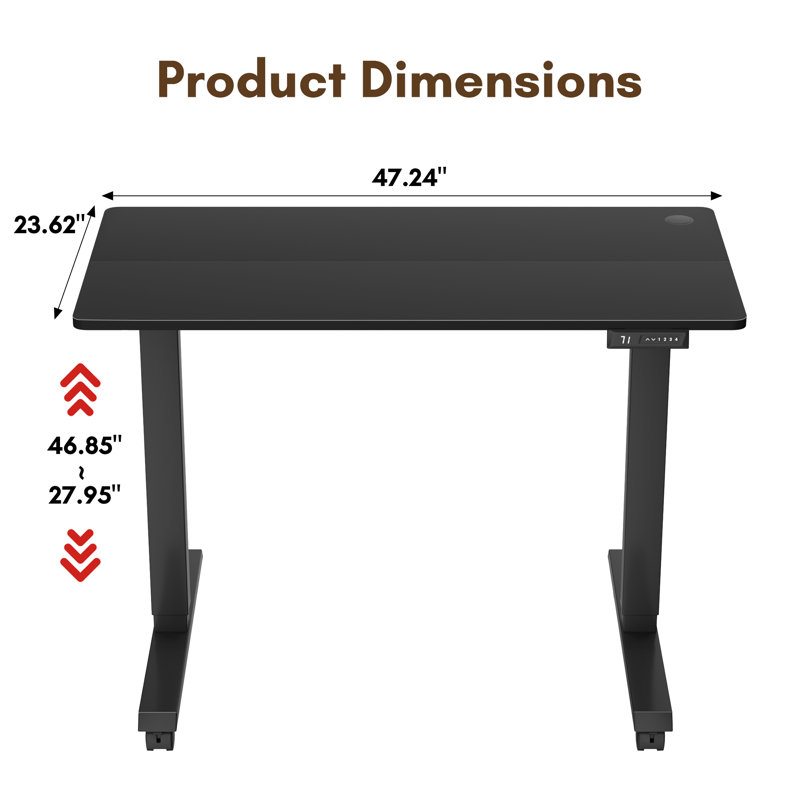 Electric Height Adjustable Standing Desk With 4 Lockable Casters, 27.95" H x 48" W x 24" D, Black/Black
