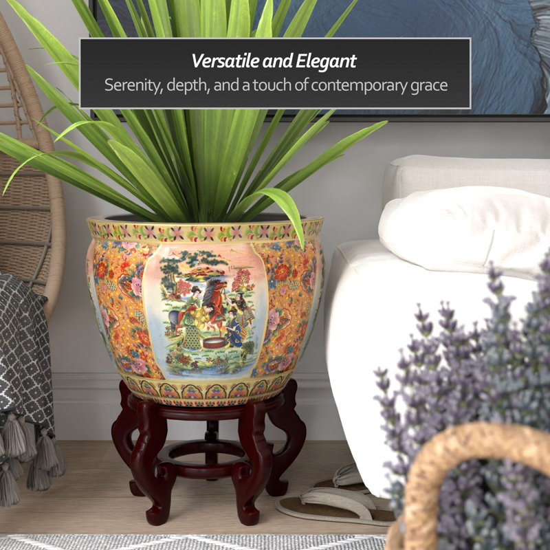 Satsuma Garden & Peacock Porcelain Fishbowl, Horse in Meadow, 13.5" H x 18" W x 18" D