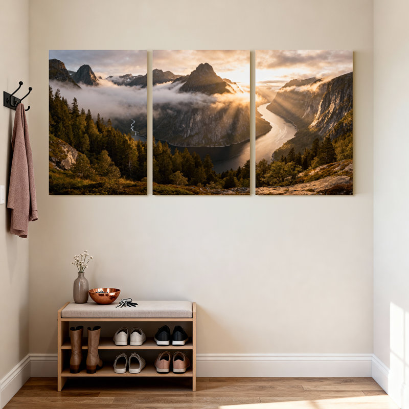 Ensemble de 3 impressions sur toile, paysage de montagne avec nuages et rivière, H 30 po x l 60 po