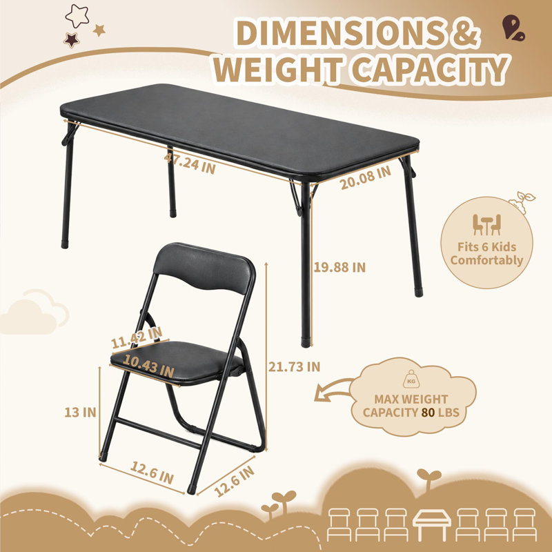 Ensemble table et chaises pliantes 7 pièces pour enfants, surface en PU avec bords arrondis anticollision, préassemblé pour la maison, la garderie et les activités scolaires