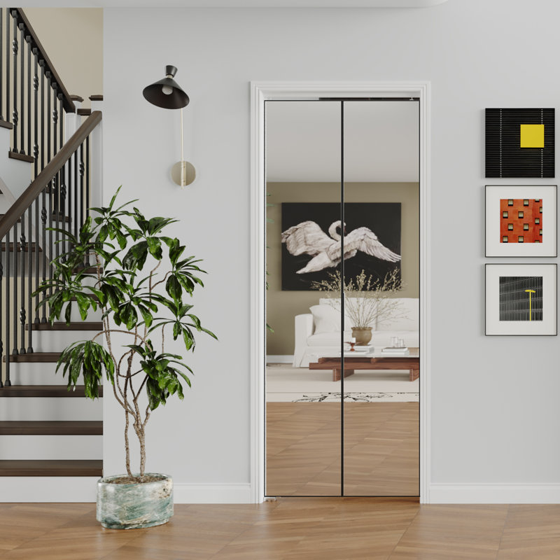 Porte intérieure pliante en aluminium d'intérieur - Conception de miroir à panneau simple avec trousse de quincaillerie d'installation complète | Gain de place pour le placard, la chambre à coucher et le vestibule
